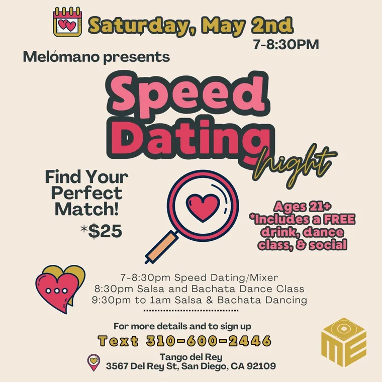Event flyer: Saturday Salsa / Bachata Speed Dating Night, May 2, 2026.