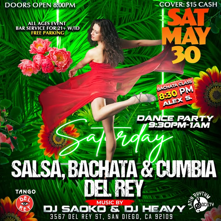 Event flyer: Saturday Salsa / Bachata, May 30, 2026.