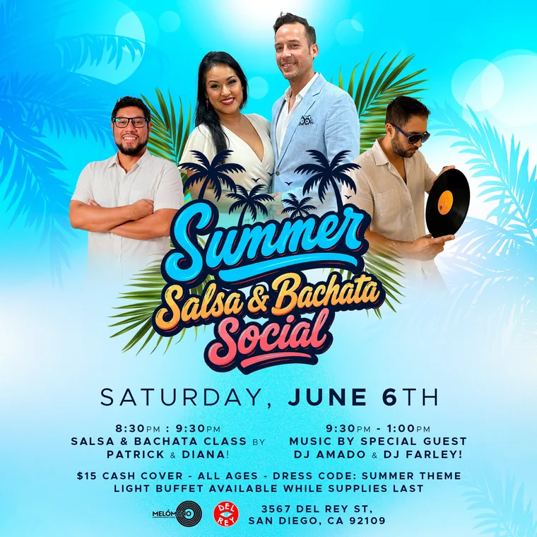 Event flyer: Saturday Salsa / Bachata, June 6, 2026.