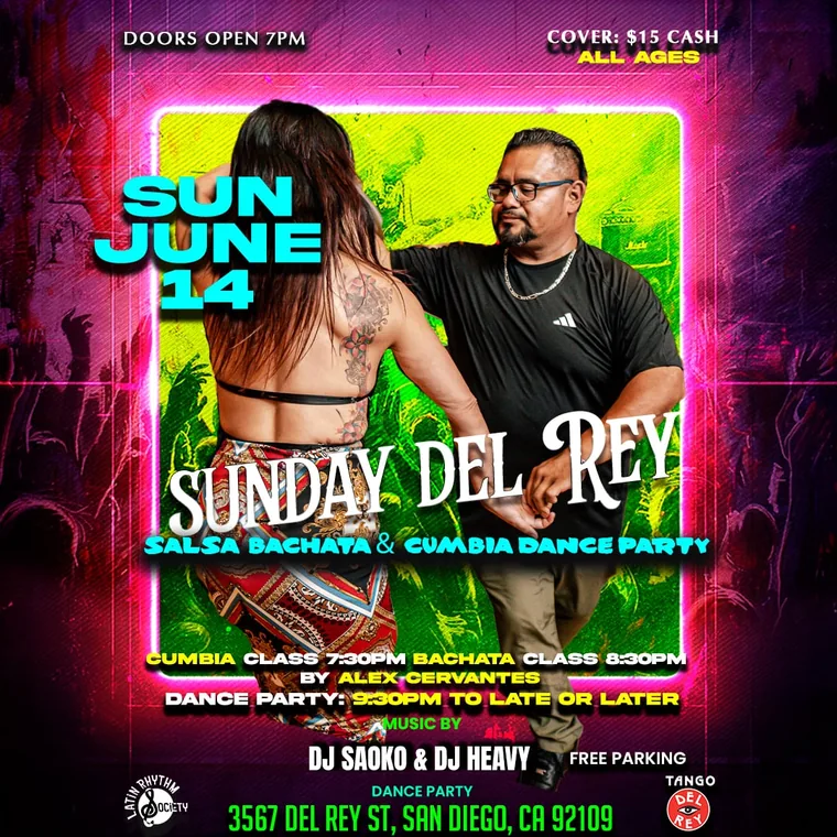 Event flyer: Sunday Salsa, Bachata, Cumbia Party, June 14, 2026.