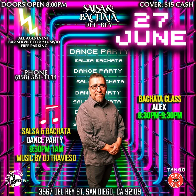 Event flyer: Saturday Salsa / Bachata, June 27, 2026.