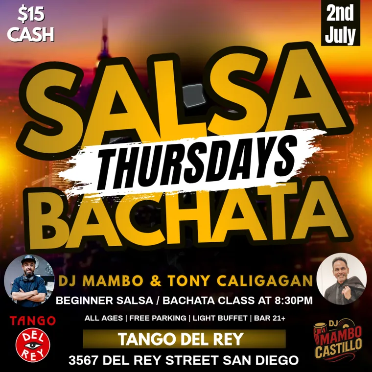 Event flyer: Thursday 50/50 Salsa / Bachata, July 2, 2026.