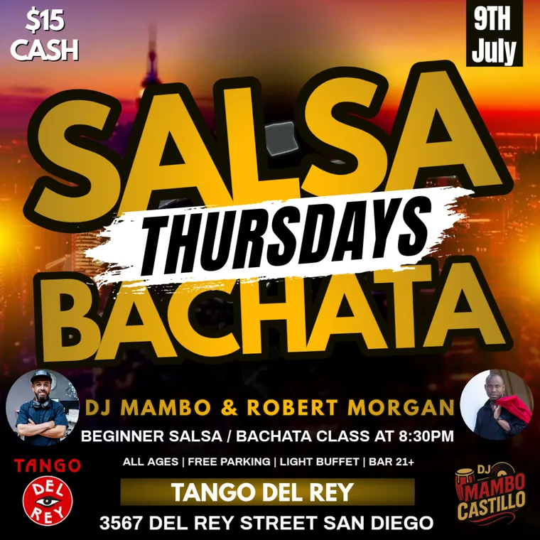 Event flyer: Thursday 50/50 Salsa / Bachata, July 9, 2026.