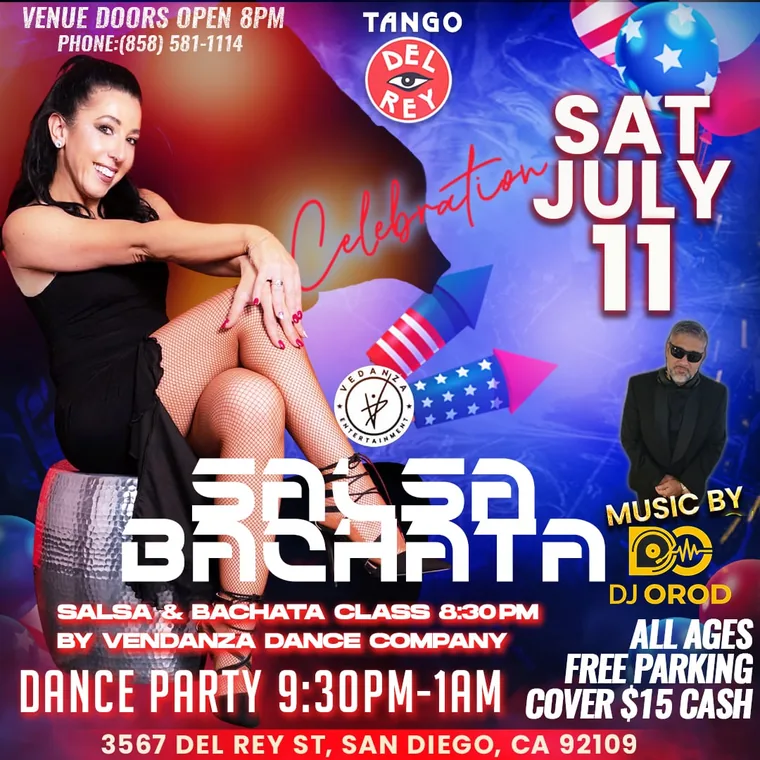 Event flyer: Saturday Salsa / Bachata, July 11, 2026.