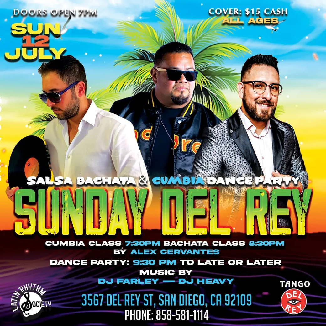 Event flyer for the Sunday Cumbia, Salsa, Bachata Party on July 12, 2026.