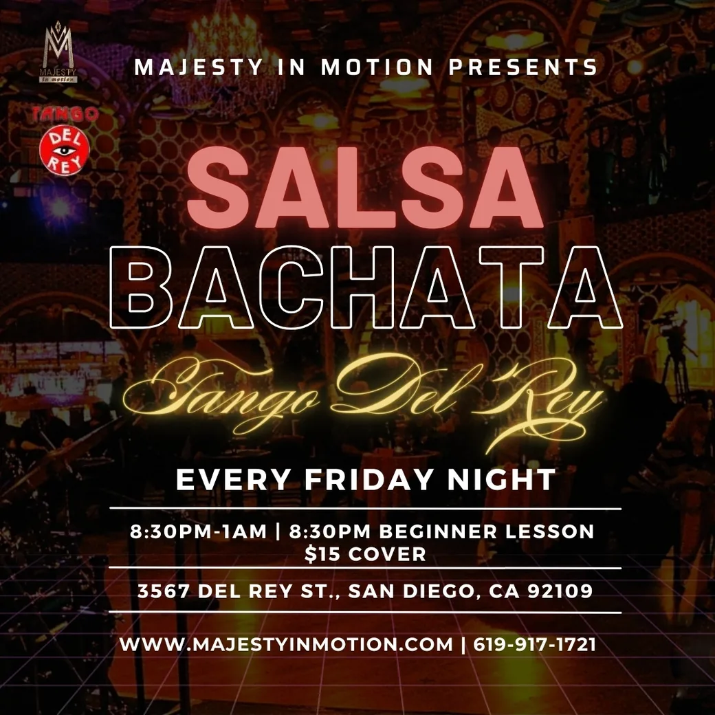 Event flyer for Fridays Salsa & Bachata by Majesty in Motion on July 17, 2026.